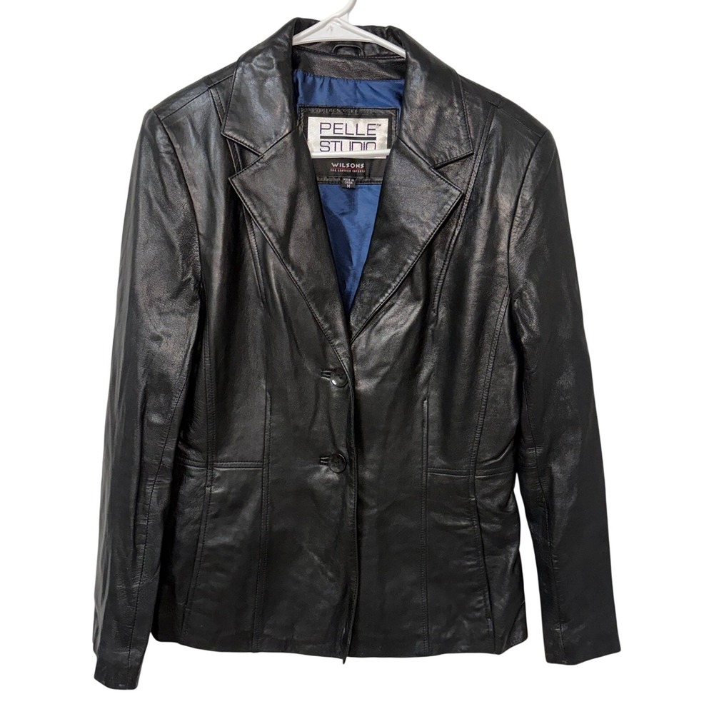 Wilsons Leather Pelle Studio Black Blazer Jacket Womens M Chic Biker 90s